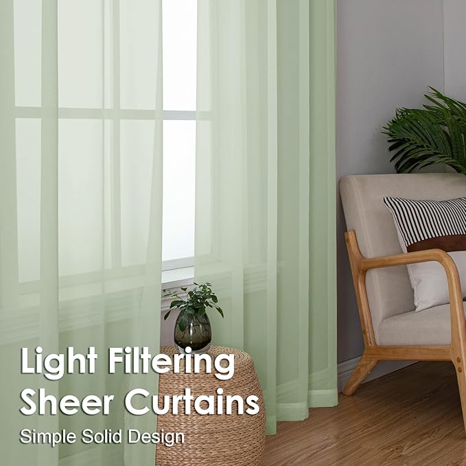OVZME Light Green Sheer Curtains 54 Inches Long 2 Panels - Soft Light Filtering Window Sheer Panels for Living Room/Bedroom, Top Dual Rod Pocket, 1 Pair, Each 42Wx54L Inches