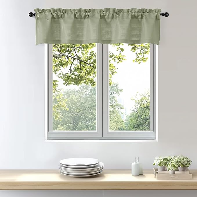OWENIE Bob 1 PCS Green Valances for Windows, Faux Linen Textured Kitchen Window Curtains Valance for Bedroom Living Room, Modern Soft Airy Solid Rod Pocket Bathroom Cafe Curtain, 60Wx12L Inch