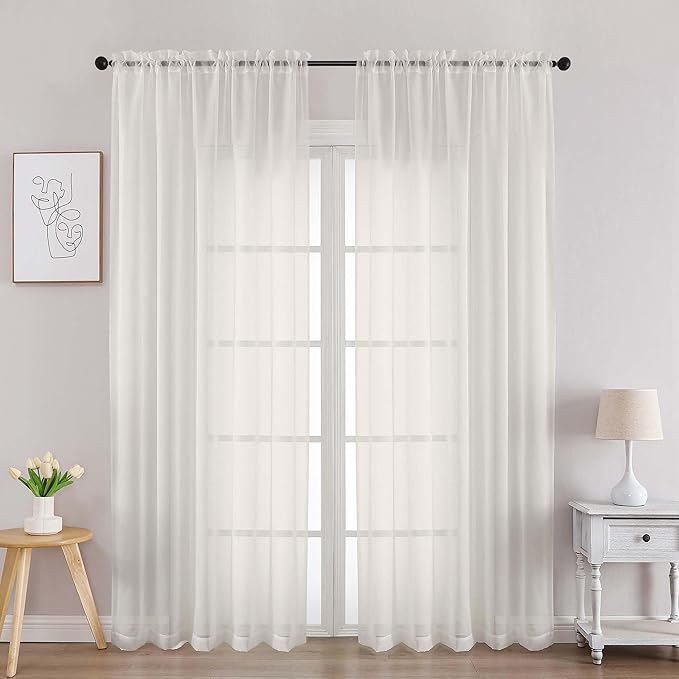 Chyhomenyc Ivory Sheer Curtains 84 Inches Long, Light Filtering Solid Color Window Sheer Curtain Panels, Elegant Rod Pocket Curtains Drapes for Living Room Bedroom, 2 Panels, 42" W x 84" L