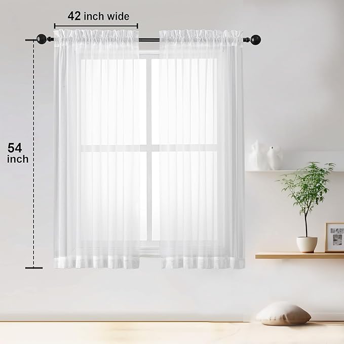 OWENIE Sheer White Curtains Living Room 54 inches Long, Rod Pocket Curtain Sheers Bedroom, Light Filtering Voile Panels Drapes Small Window Treatments 2 Panels, 42" W x 54" L, White (Pack of 2)