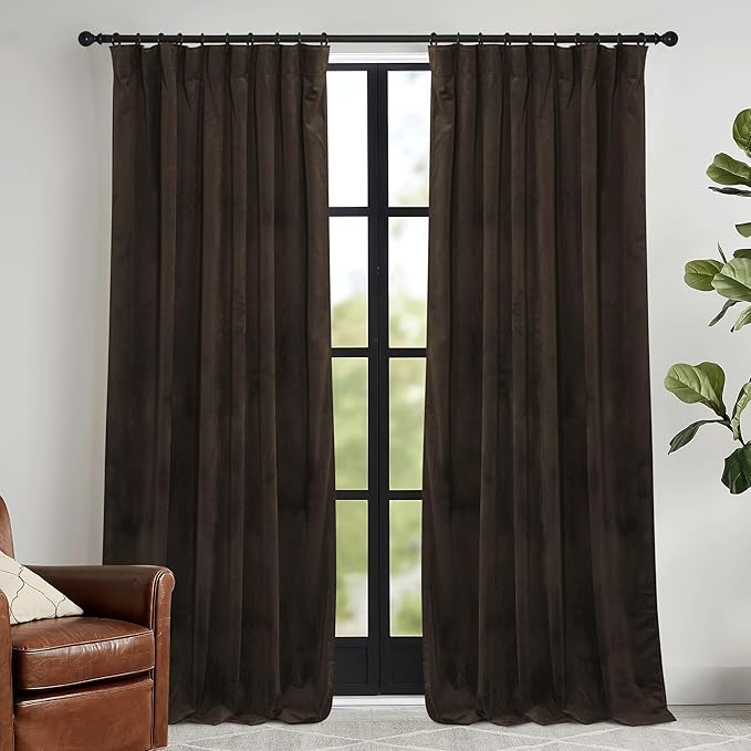 RYB HOME Brown Velvet Curtains 72 inches with Hook Belt, Soft Fabric Room Darkening Thermal Insulated Luxurious Home Decor Curtains for Living Room Bedroom, W 52" x L 72", 2 Panels Set
