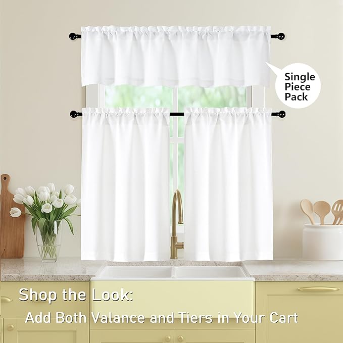 White Valances for Windows, Light Filtering Faux Linen Textured Small Short Valance Curtains for Bathroom Basement Farmhouse, Rod Pocket Top Half Curtains for Windows, 60Wx12L Inch