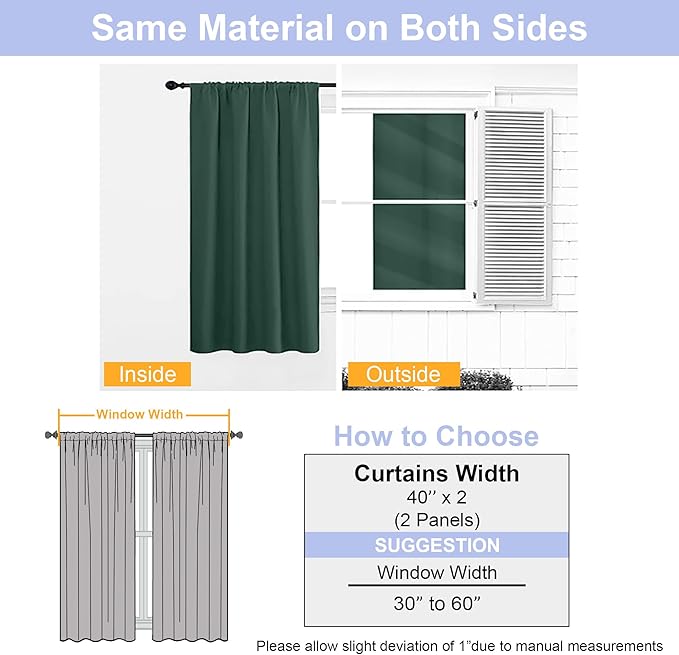 Simplebrand Ava Ever Green Short Blackout Curtains for Bedroom 45 Inches Long 2 Panels Set, Solid Thermal Insulated, Energy Saving Window Treatment Curtains Blackout Drapes, W40 x L45 Inch, Ever Green