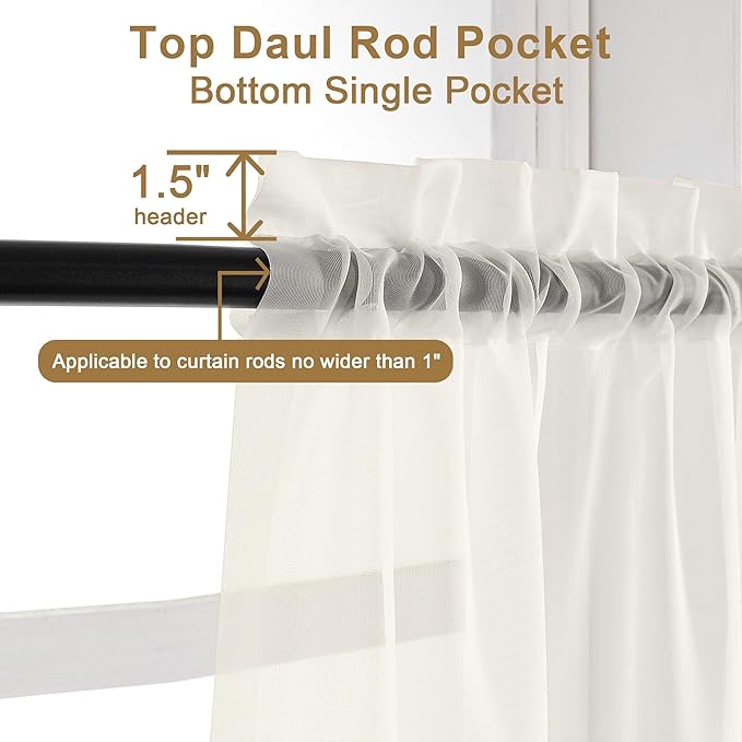 Chyhomenyc Sheer Curtains 120 Inch Extra Long, 2 Pieces, Rod Pocket Top Soft Voile Texture Window Draperies Lightweight & Airy Panels for Living Room/Bedroom, Each 42W x 120L inches, Ivory