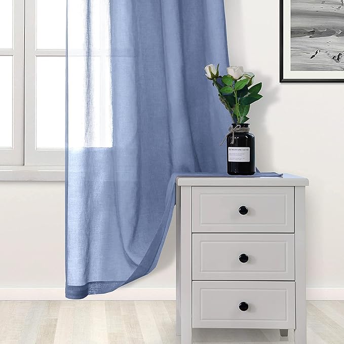 DWCN Sheer Curtains Semi Transparent Voile Rod Pocket Curtains for Bedroom and Living Room, Dusty Blue, 52 x 45 inches Long, Set of 2 Panels