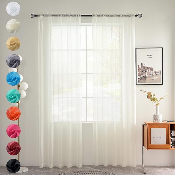 youleyar Solid Sheer Rod Pocket Curtain Voile Draperies 2 Panels White Beige Black Grey Coffee 52 Inch Width 108 Inch Long 1 Pair for Kitchen Bedroom Children Living Room Yard(Ivory,52Wｘ108L)