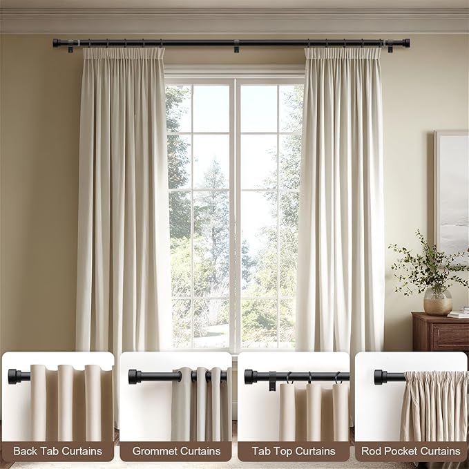 Lootkell Modern Matte Black Curtain Rods for Windows 66 to 120 Adjustable Length Heavy Duty 1" Diameter Window Curtain Rod with Solid Metal Finials for Outdoor Farmhouse Bedroom Kitchen Living Room