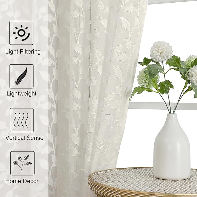 Chyhomenyc Ivory Sheer Curtains 30 Inch Length, Light Filtering Leaf Tufted Textured Small Window Kitchen Curtain Over Sink, Short Half Window Curtains for Bathroom Basement, 30" Wx30 L, 2 Panels