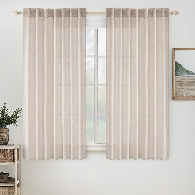 MIULEE Natural White Linen Curtains 63 Inch Length 2 Panels for Bedroom Living Room, Back Tab Soft Thick Linen Textured Window Drapes Semi Sheer Light Filtering Privacy Cream Curtains 42 Inch Wide