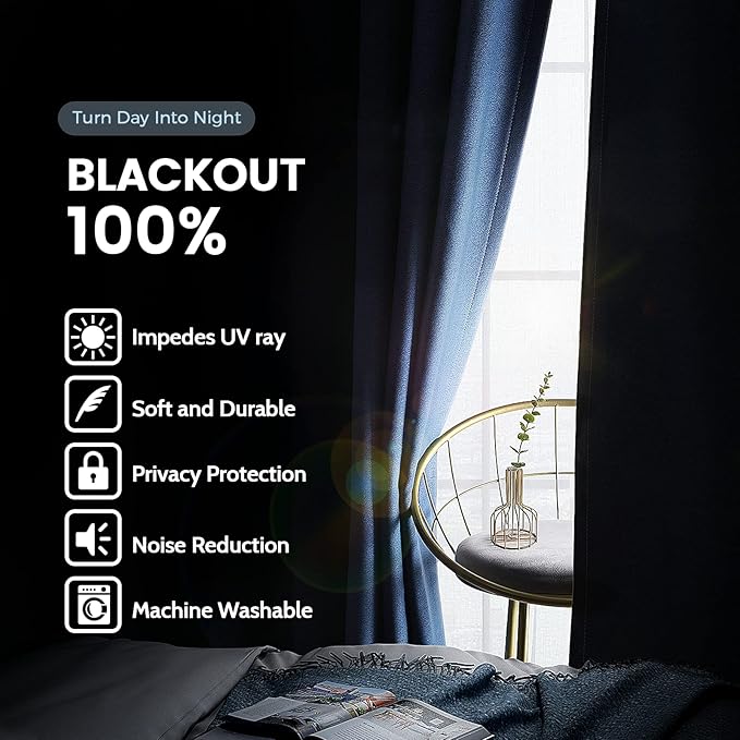 SimpleHome 100% Blackout Curtains for Bedroom,Thermal Insulated Grommet Window Drapes Room Darkening Navy Blue Curtains for Living Room with Black Back,52 x 96 Inch,2 Panels