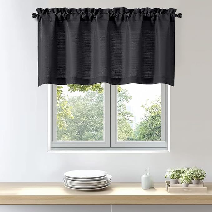 OWENIE Bob 1 PCS Black Valances for Windows, Faux Linen Textured Kitchen Window Curtains Valance for Bedroom Living Room, Modern Soft Airy Solid Rod Pocket Bathroom Cafe Curtain, 60Wx24L Inch