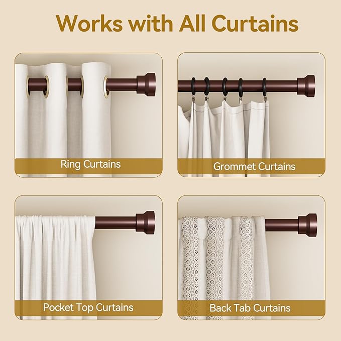 YaFex Curtain Rods 2 Pack 32-118 Inch, Heavy Duty 1 Inch Curtain Rod, Bronze Long Adjustable Window Treatment Rods,Modern Design, Easy Installation