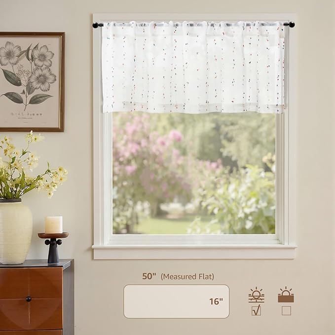 jinchan Valance Curtains for Windows 16 Inch Colorful Mini Pom-Pom Country Farmhouse Kitchen Valance Semi Sheer Voile Samll Window Treatment for Bedroom Living Room Rod Pocket 1 Panel Blush Meadow