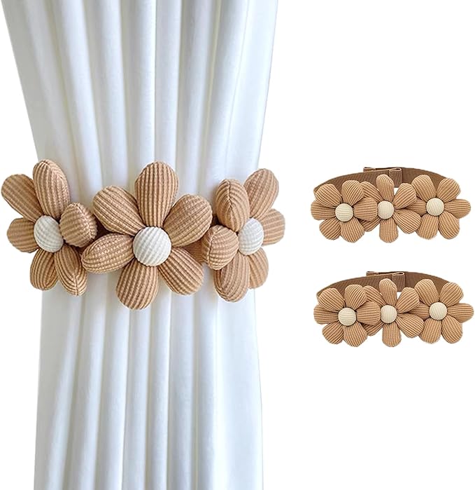 SRG Sunflower Curtain Tiebacks-2 Pack | Curtain Holdbacks with Three Flower | Curtain Tiebacks Boho | Japanese Curtain Ties | Cute Flower Curtain Ties Decorative for Bedroom Window Treatment （Khaki）