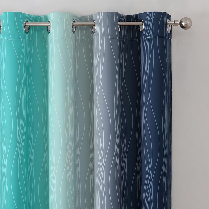 Estelar Textiler Navy Blue and Teal Blackout Curtains 54 Inch Length, Full Light Blocking Gradient Grommet Drapes for Living Room, Thermal Insulated Ombre Curtains for Bathroom,52Wx54L,2 Panels