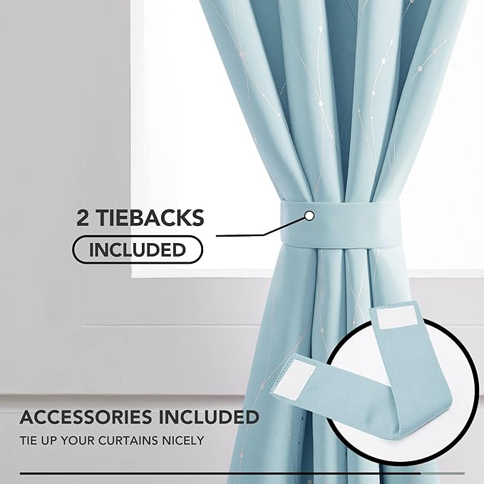 Deconovo Blackout Curtains, Thermal Insulated Soundproof Grommet Drapes, Wave Dot Foil Print, 42 x 84 Inch, Set of 2, Machine Washable Window Panel for Bedroom Living Room Nursery Kitchen, Light Blue