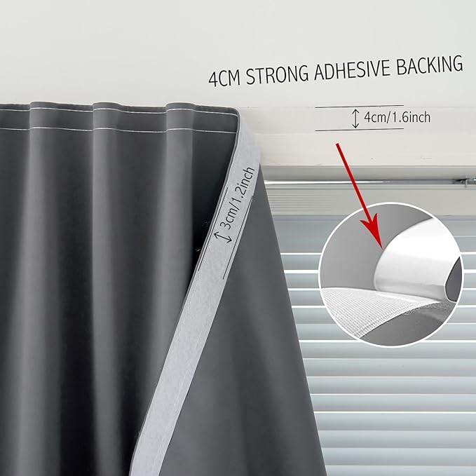 Magic Tape Stick On Curtains Window Shades Pull Down Blackout Window Cover Blackout Curtains for Bedroom No Drillng Self Adhesive Curtains No Rod Small Curtain, 35" W X 71" L, Grey, 1 Panel