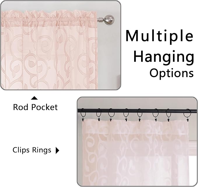 OWENIE Furman Cafe Curtains 30 Inch Length 2 Panels Set, Elegant Geometric Jacquard Short Sheer CurtainsTiers for Kitchen/Living Room/Bedroom Small Window 28" W x 30" L, Blush Pink