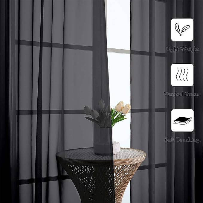 Lecloud Black Sheer Curtains 90 Inches Long 2 Panels, Light Filtering Privacy Voile Curtain Drapes, Airy Extra Wide Dual Rod Pocket Window Treatments for Living Room Bedroom, 59" W x 90" L