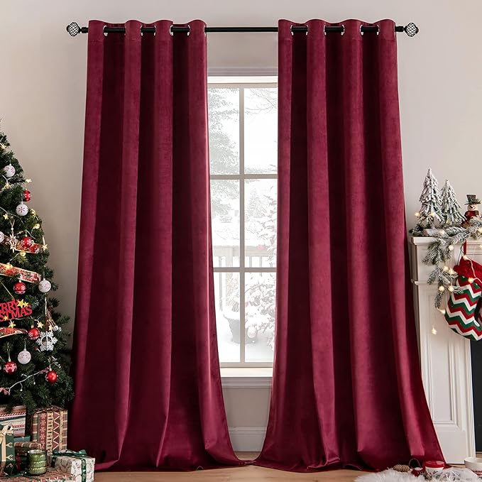 MIULEE Christmas Burgundy Velvet Curtains Solid Soft Red Blackout Curtain Grommet Top Thermal Soundproof Room Darkening Curtains/Drapes/Panels for Living Room Bedroom 52 x 63 Inch 2 Panels