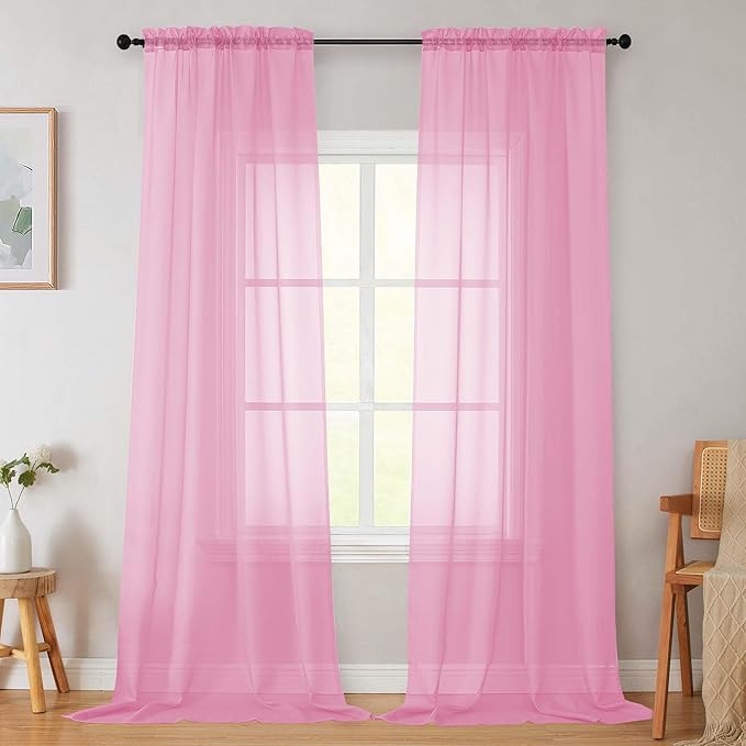 Pink Sheer Curtains for Bedroom Living Room 96 Inches Long 2 Panels, Modern Airy Soft Lightweight Rod Pocket Light Filtering Sheer Curtains Drapes, Pink, Each 42" Wx96 L Inch