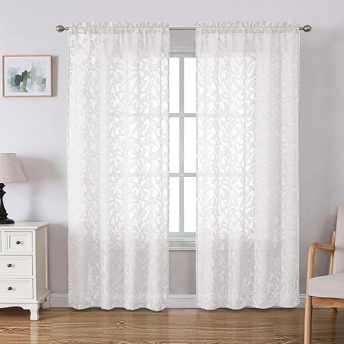 Lecloud Leia White Sheer Curtains 72 Inches Long 2 Panels, Jacquard Texture Leaves Voile Curtain Balance Light & Privacy, Dual Rod Pockets Drapes for Living Room Bedroom Dining Room, 42" W x 72" L