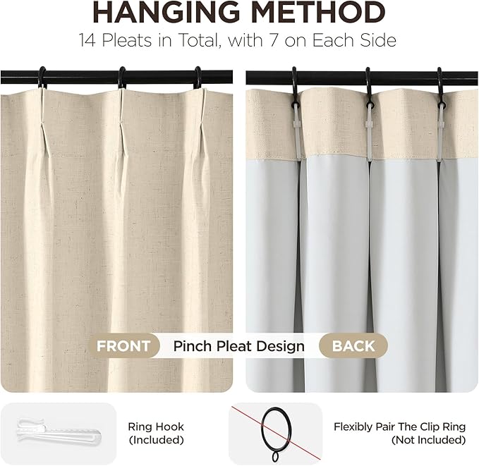 Joydeco Pinch Pleated Linen Curtains for Living Room, 100% Blackout Darkening Curtains 72 inches Length 2 Panel Thermal Insulated Pinch Pleat Drapes(Bleached Sand,40'' Wx72'' L)