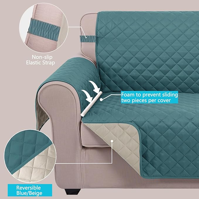 U-NICE HOME Large Sofa Cover Reversible Couch Cover for Dogs with Elastic Straps Water Resistant Furniture Protector for Pets Couch Cover for 4 Cushion Couch (Oversized Sofa, Blue/Beige)