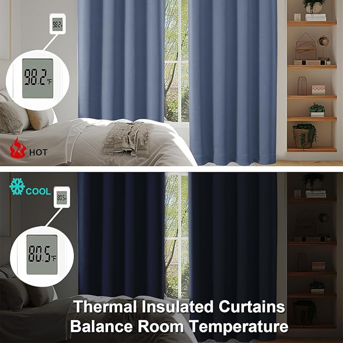 Simplebrand Ava Denim Blue Short Blackout Curtains for Bedroom 54 Inches Long 2 Panels Set, Solid Thermal Insulated, Energy Saving Window Treatment Curtains Blackout Drapes, W40 x L54 Inch, Denim Blue