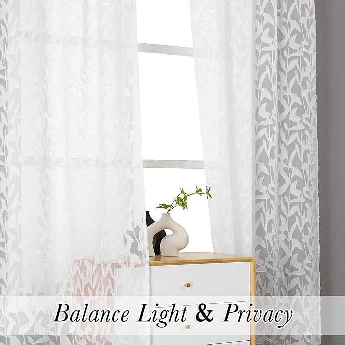 Lecloud Leia White Sheer Curtains 120 Inches Long 2 Panels, Jacquard Textured Voile Curtains, Modern Gauzy Windows Decor Drapes with Dual Rod Pockets for Living Room Bedroom, Each 52" W x 120" L