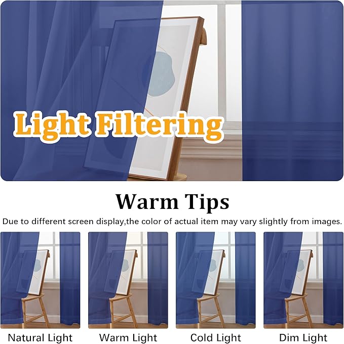 Gwine Royal Blue Sheer Curtains 72 Inches Long 2 Panels Set for Front Door, Light Filtering Sheer Curtains for Living Room, Rod Pocket Window Treatments Drapes, Each 42" Wx72 L
