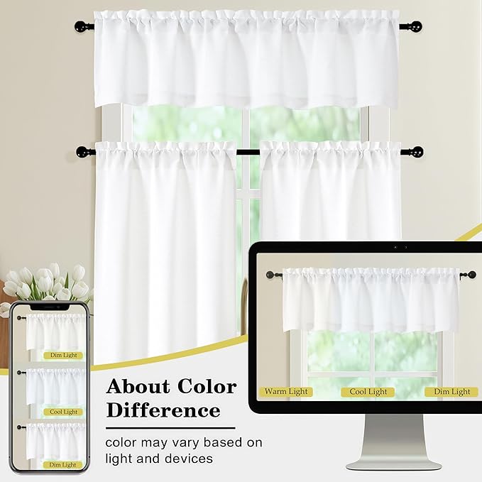 White Valances for Windows, Light Filtering Faux Linen Textured Small Short Valance Curtains for Bathroom Basement Farmhouse, Rod Pocket Top Half Curtains for Windows, 60Wx12L Inch