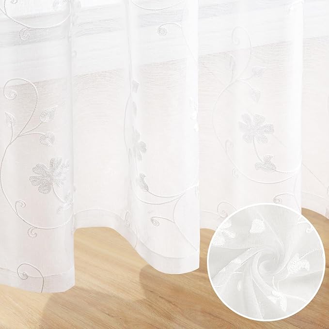 HOMEIDEAS White Sheer Curtains 63 Inch Length 2 Panels White Embroidered Floral Pattern Semi Sheer Window Curtains for Bedroom Living Room