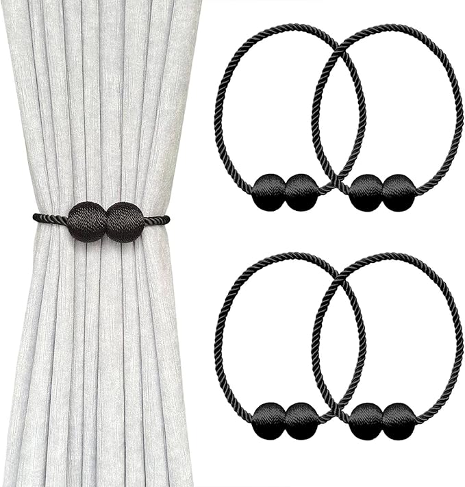 Melaluxe 4 Pack Magnetic Curtain Tiebacks, Decorative Curtain Holdbacks for Window Décor (Black)