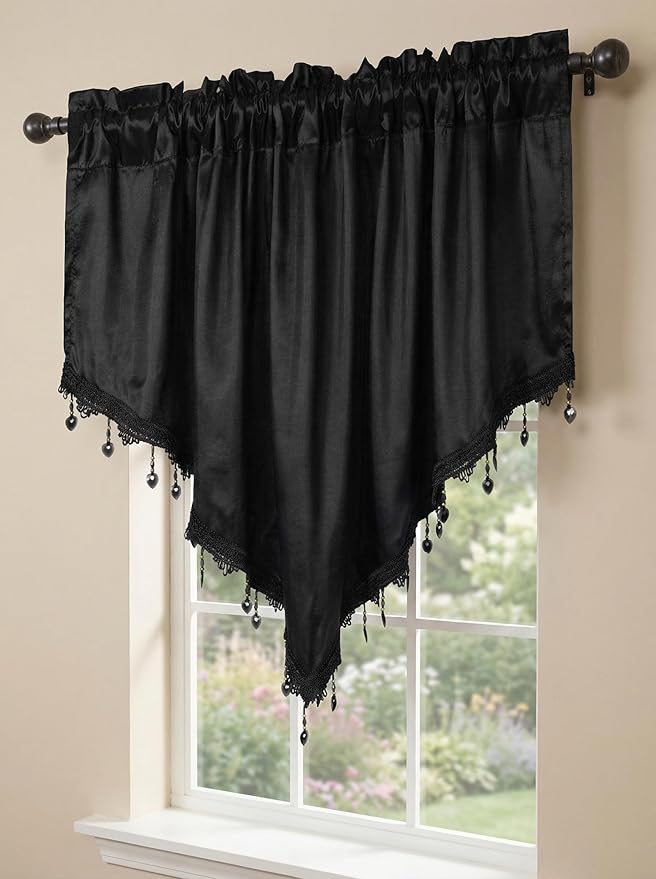 Molaxhome Swag Curtain 51 inch Length Rod Pocket Scalloped Curtain Valance Sheer Lace Panels with Hanging Crystal Beads for Kitchen Bedroom Window Treatments Drape Decor 1pc (Cloth Black, 51Wx23L)