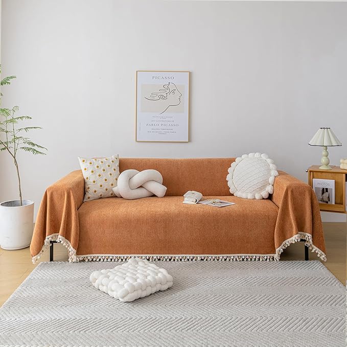 HANDONTIME Dark Orange Sofa Covers Couch Cover for Dogs Colorful Tassel Lovetseat Cover Pet Couch Cover Bohemian Sofa Cover for Couch Vintage Boho Couch Covers Futon Cover Pet-Friendly, 91" X118"