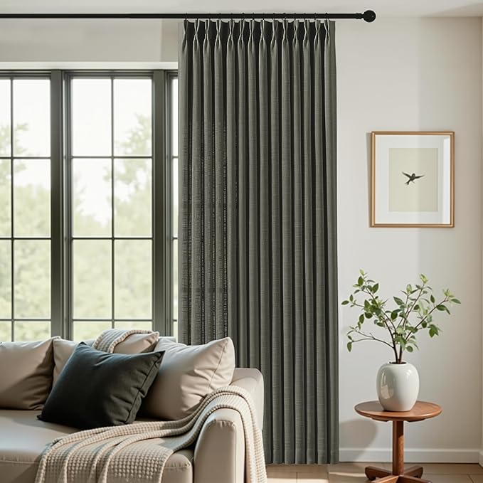 96 Inch Linen Curtains for Living Room, Pinch Pleated Semi Sheer Curtain Rustic Textured Light Filtering Back Tab Drapes with Hooks Rings for Bedroom Farmhouse, Charcoal Grey, W40xL96, 2 Panels