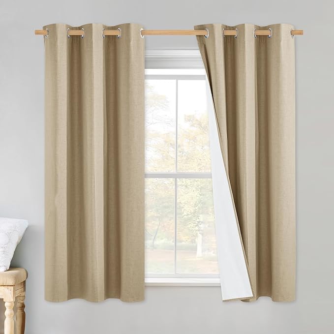 NICETOWN 100% Absolutely Blackout Linen Curtains with Thermal Insulated White Liner, Camel, 34" Wide by 48" Long, 2 Pieces, Linen Blend Window Drapes Privacy Window Treatments for Bedroom/Kids Room