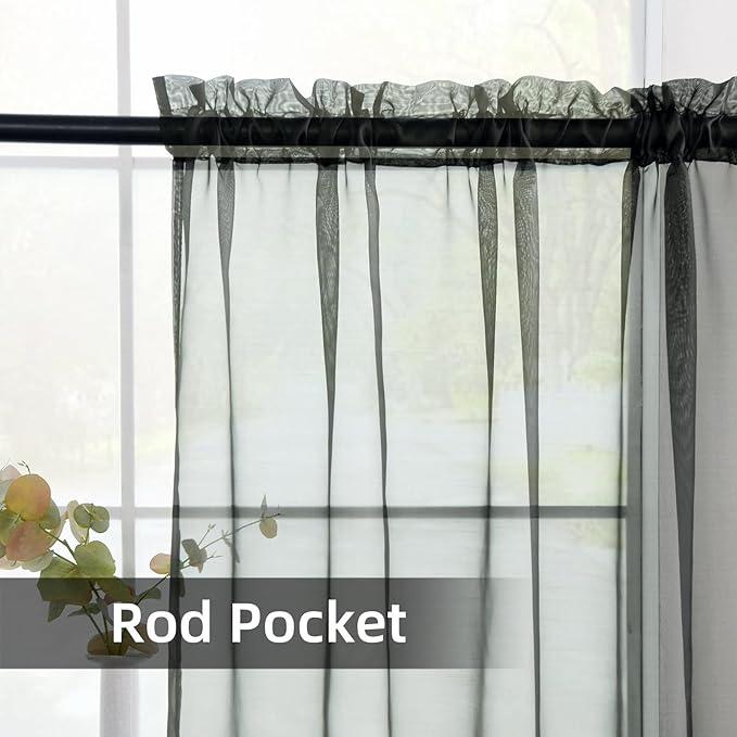 youleyar Solid Sheer Rod Pocket Curtain Voile Draperies 2 Panels White Beige Black Grey Coffee 38 Inch Width 84 Inch Long 1 Pair for Kitchen Bedroom Children Living Room Yard(Black,38Wｘ84L)