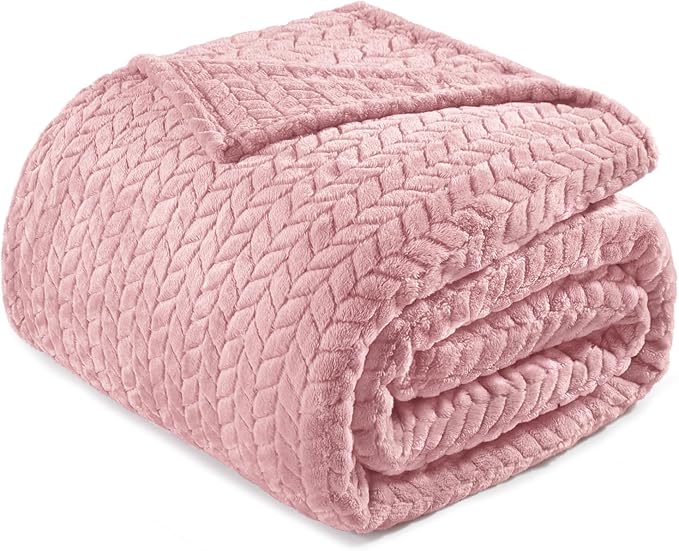 Exclusivo Mezcla Fleece Twin Size Blanket for Bed, 90x66 Inches Soft Cozy Jacquard Flannel Blankets, Lightweight Fuzzy Plush Warm for Women, Pink