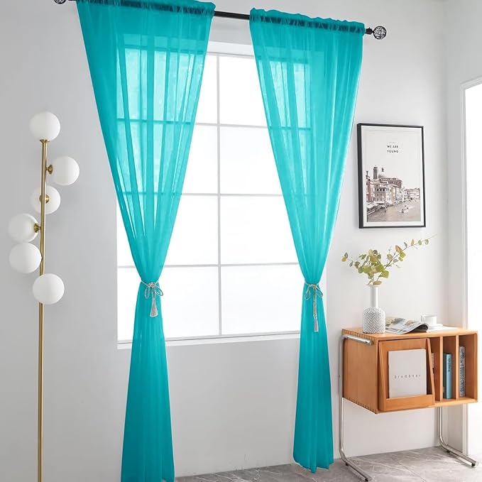 SpaceDresser Sheer Voile Window Treatment Rod Pocket Curtain Panels for Kitchen Bedroom Living Room Drapes Sunlight Filtering Privacy Semi Home Decor Assorted (Peacock Blue, 52 W x 54 L)