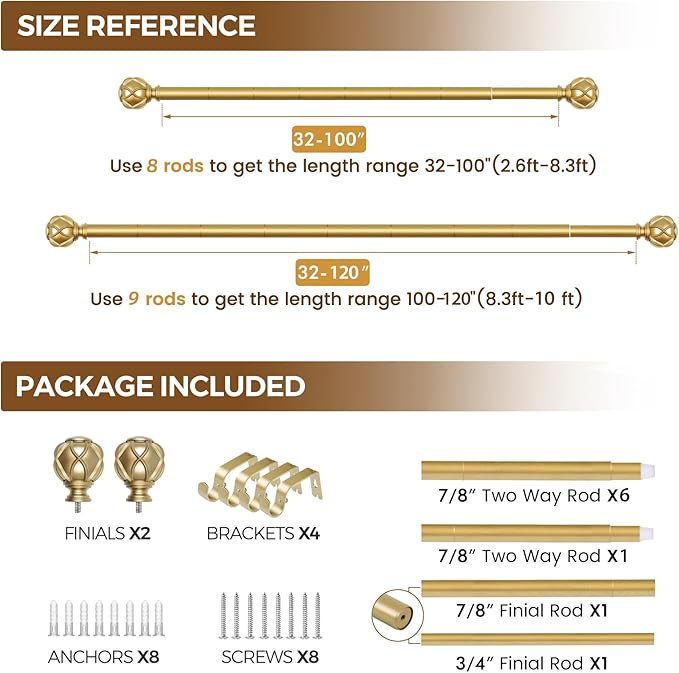 KAMANINA Curtain Rods for Windows 66 to 120 Inch, 7/8 Inch Gold Heavy Duty Curtain Rod 32 to 120 (2.6-10ft), Adjustable Decorative Drapery Rods with Netted Texture End
