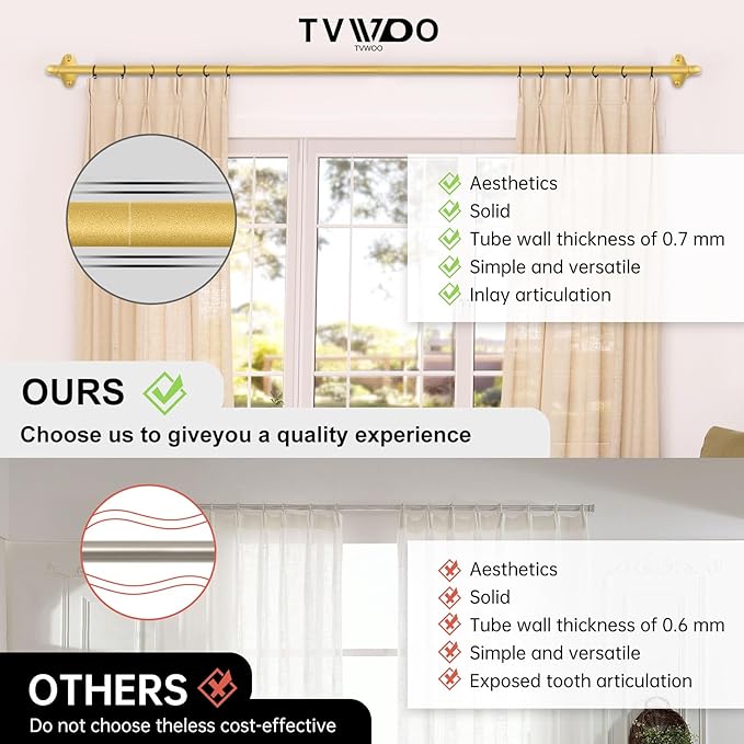 TVWOO Gold Wrap Around Curtain Rods:5/8" Small Blackout Adjustable Window Curtain Rod for Bedroom Kitchen Apartment Renter Friendly,Room Darkening Curved Drapery Rods Easy Install,Brass Golden 28-60"