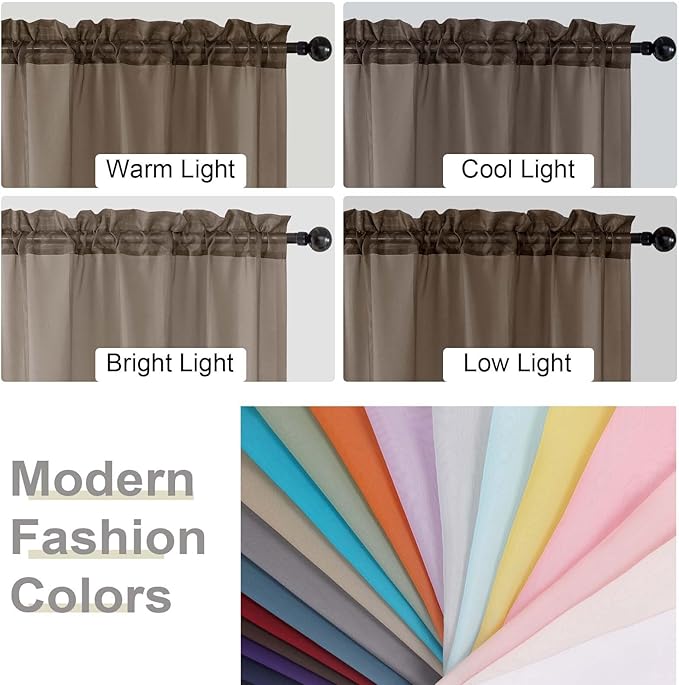 Cafe Curtains 36 Inch Length Tier 2 Pieces, Modern Soft Airy Sheer Kitchen Short Curtains for Small Window, Rod Pocket Small Curtain for Bathroom Basement, Chocolate, Each, 42"Wx36"L Inches