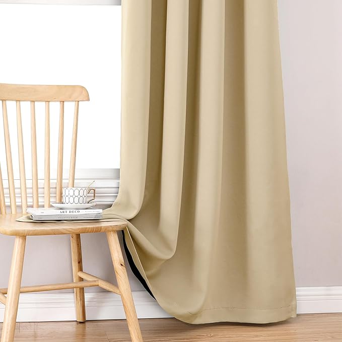 ChrisDowa 100% Blackout Curtains for Bedroom with Black Liner, 2 Thick Layers Total Blackout Thermal Insulated Grommet Window Curtains 2 Panels Set (Beige, 52 x 45 Inch)