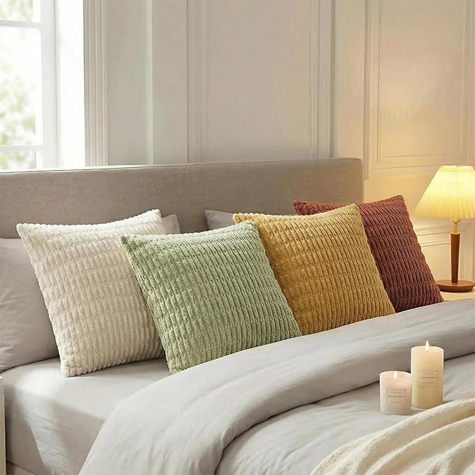 Fancy Homi 4 Packs Fall Decorative Throw Pillow Covers 16x16 Inch for Living Room Couch Bed Sofa, Rustic Farmhouse Boho Home Decor, Soft Plush Striped Corduroy Square Cushion Case 40x40 cm