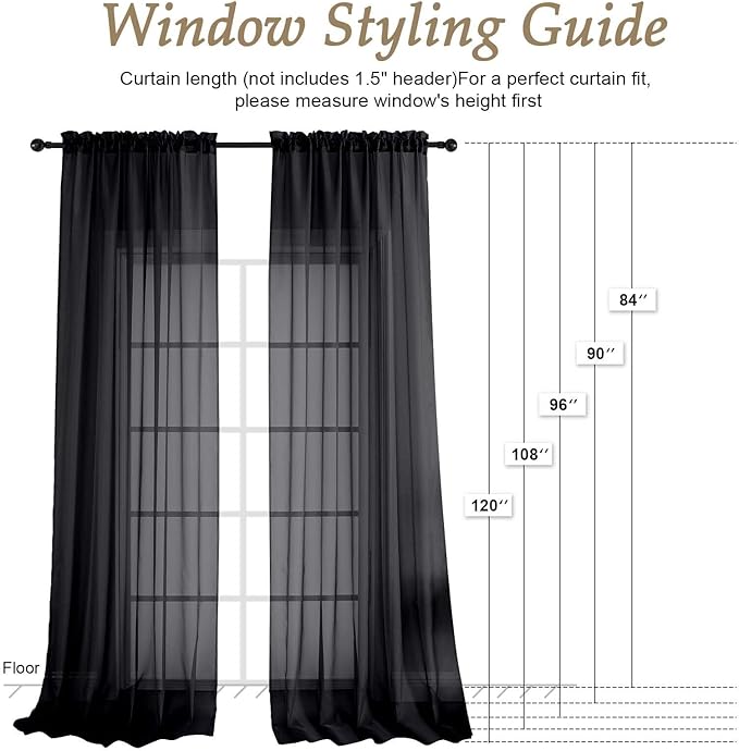 OVZME Black Bedroom Curtains 2 Panel Sets 90 Inch Length, 59 Inch Extra Wide Light Filtering Light Weight Soft Window Treatment Panels for Study Room Living Room Guest Room, 59Wx90L Inches