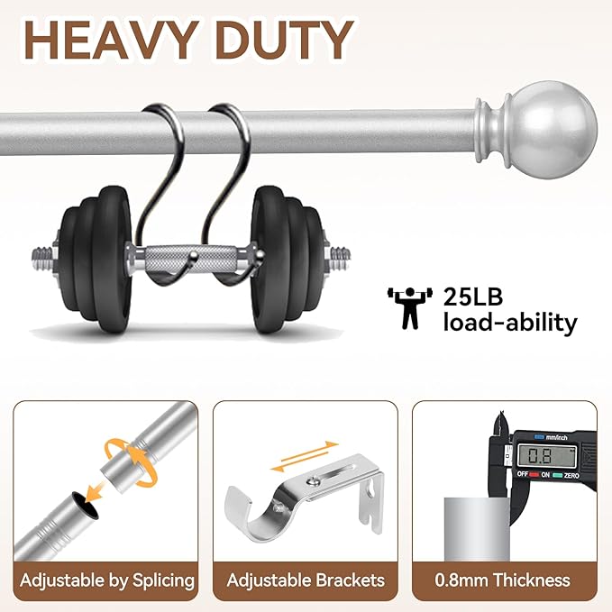 Silver Curtain Rod for Windows 66 to 120 Inch, 5/8 Inch Diameter Adjustable Curtain Rods With Brackets, Heavy Duty Easy to Install, Suitable for Bedrooms and Outdoor