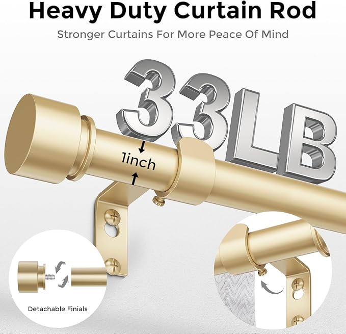 Modern Gold Curtain Rods for Windows 66 to 120 Inch, 1" Diameter Adjustable Heavy Duty Window Curtain Pole with Matte Gold End Cap Finials, Decorative Drapery Rods for Living Room, Bedroom