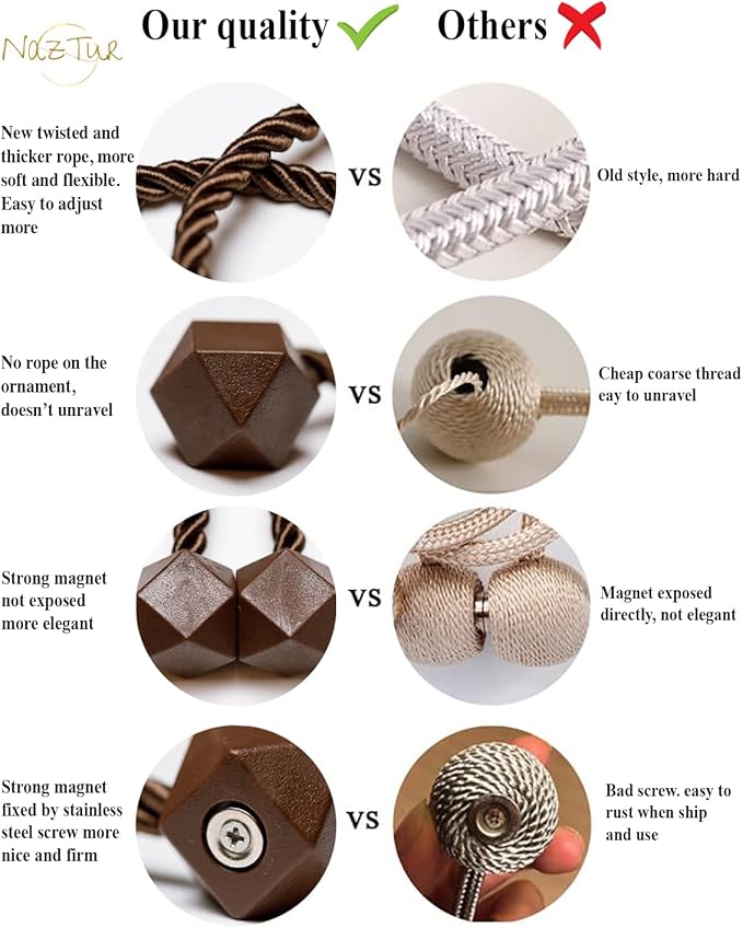 NazTur Magnetic Curtain Tiebacks- Upgrade 2022 with a Thicker Twist Rope & Strong Magnet Tieback Window Treatment Holdbacks Draperies Holders Decorative Drape Handmade Tie Back (Coffee Dark, 2)